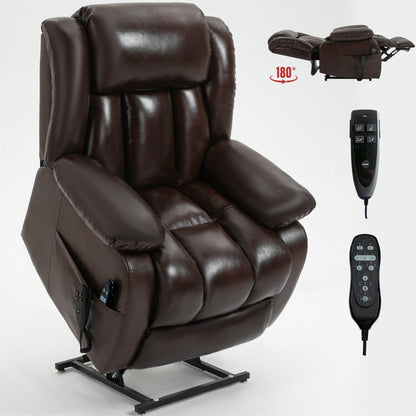 Brown Leather Power Lift Recliner with Massage, Lumbar Heat, and Dual Motors