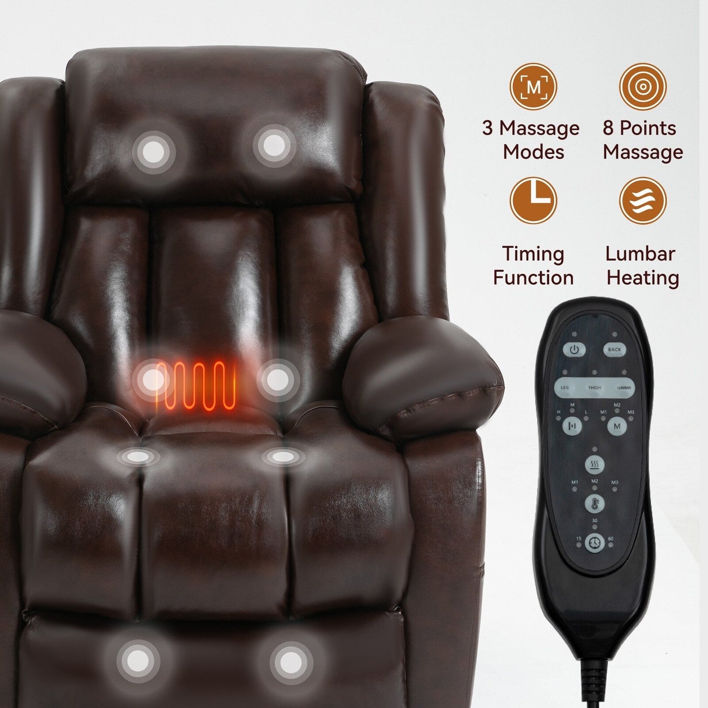 Brown Leather Power Lift Recliner with Massage, Lumbar Heat, and Dual Motors