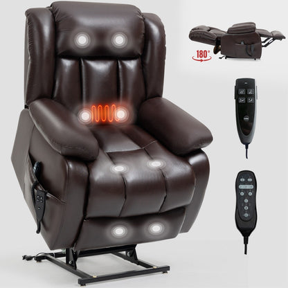 Brown Leather Power Lift Recliner with Massage, Lumbar Heat, and Dual Motors