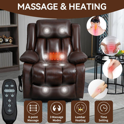 Brown Leather Power Lift Recliner with Massage, Lumbar Heat, and Dual Motors