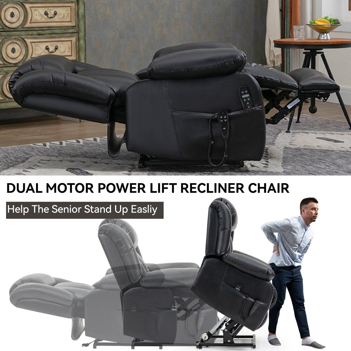 Brown Leather Power Lift Recliner with Massage, Lumbar Heat, and Dual Motors