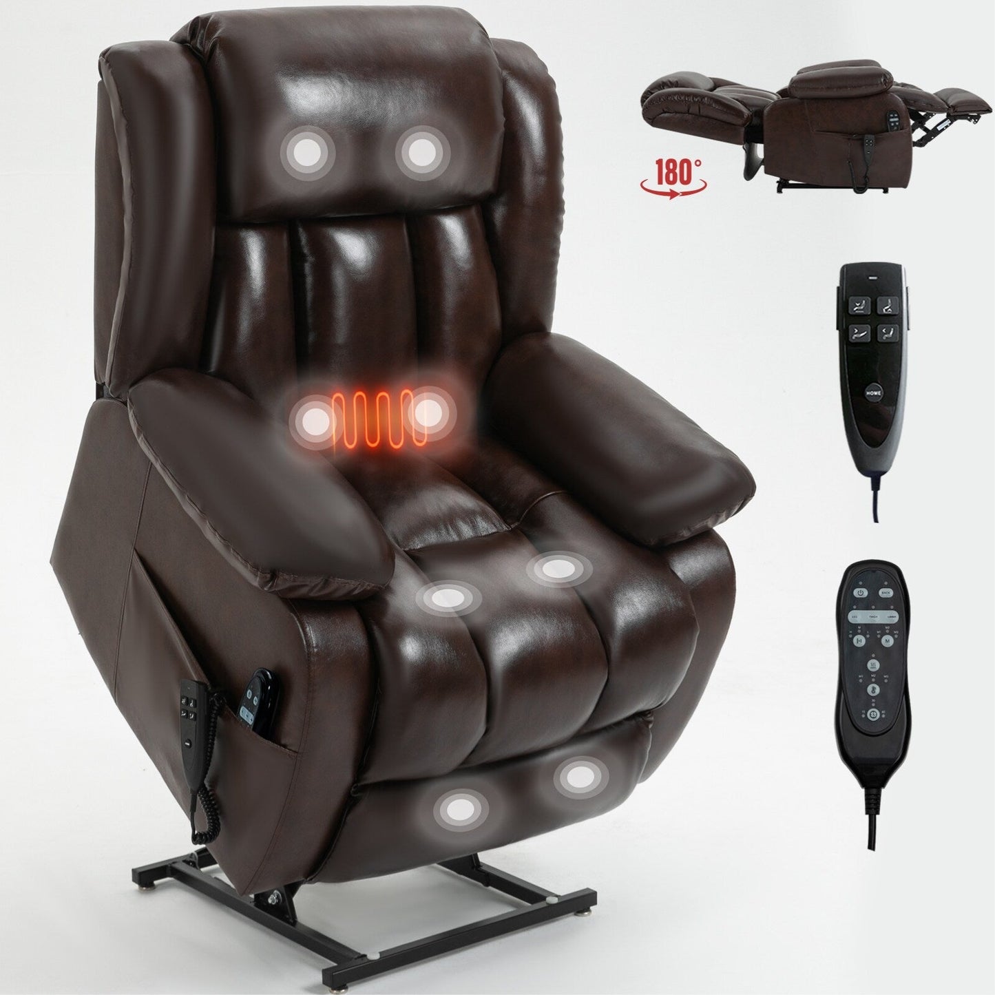 Brown Leather Power Lift Recliner with Massage, Lumbar Heat, and Dual Motors