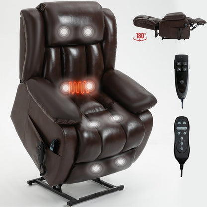Brown Leather Power Lift Recliner with Massage, Lumbar Heat, and Dual Motors