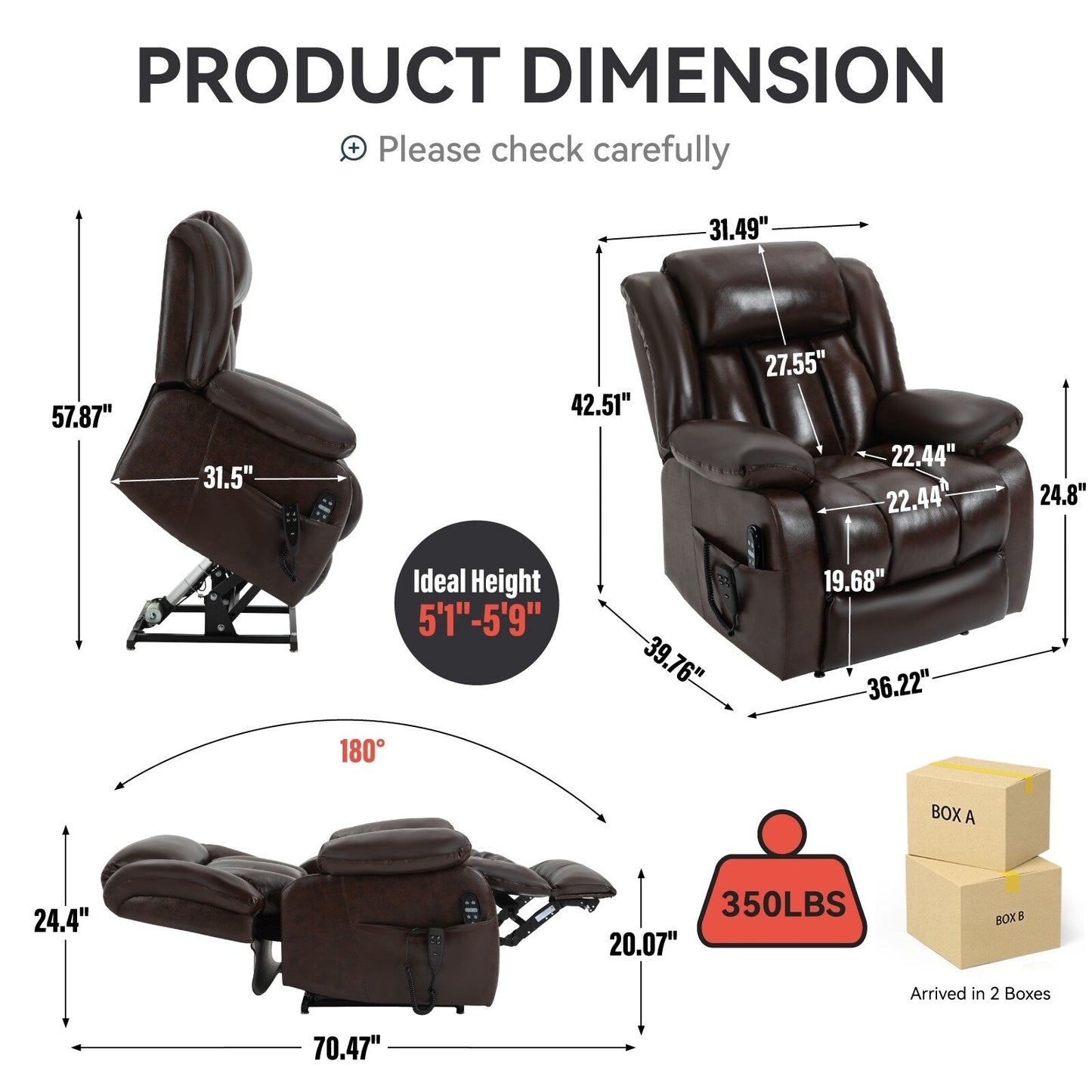 Brown Leather Power Lift Recliner with Massage, Lumbar Heat, and Dual Motors