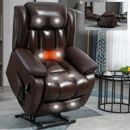 Brown Leather Power Lift Recliner with Massage, Lumbar Heat, and Dual Motors