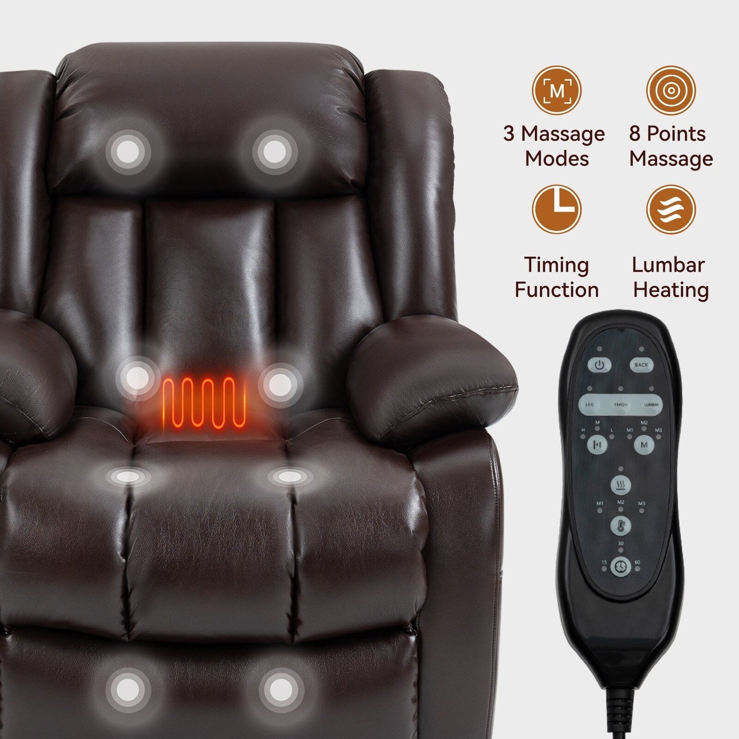 Brown Leather Power Lift Recliner with Massage, Lumbar Heat, and Dual Motors
