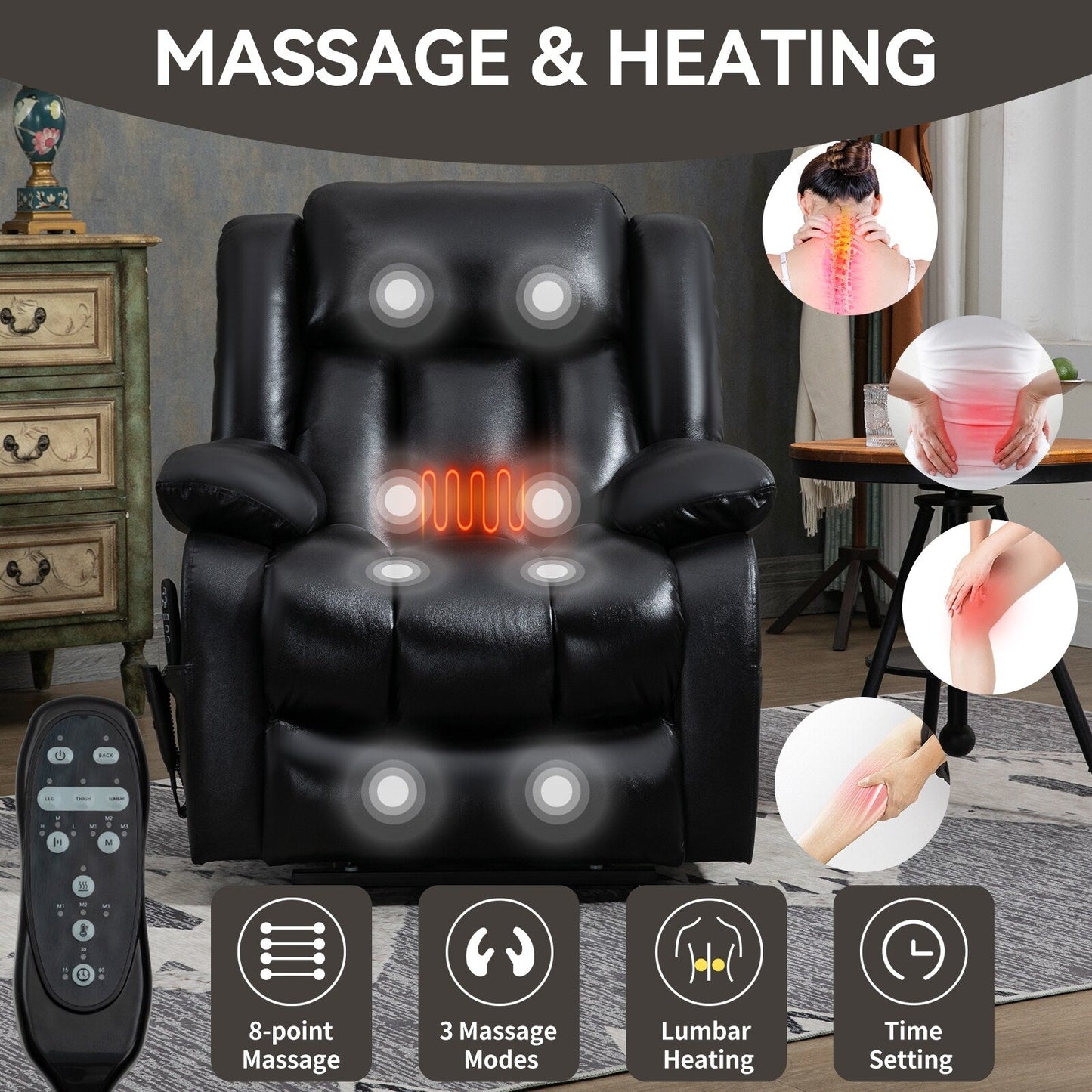 Brown Leather Power Lift Recliner with Massage, Lumbar Heat, and Dual Motors