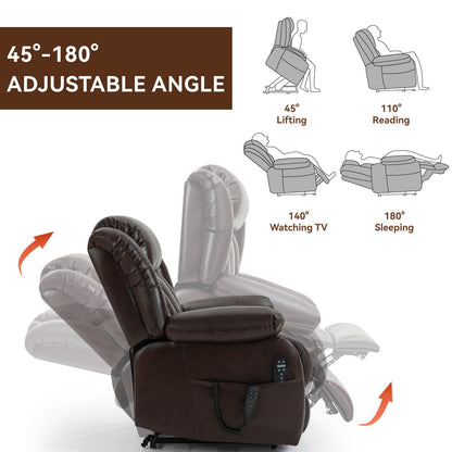 Brown Leather Power Lift Recliner with Massage, Lumbar Heat, and Dual Motors