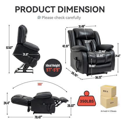 Brown Leather Power Lift Recliner with Massage, Lumbar Heat, and Dual Motors