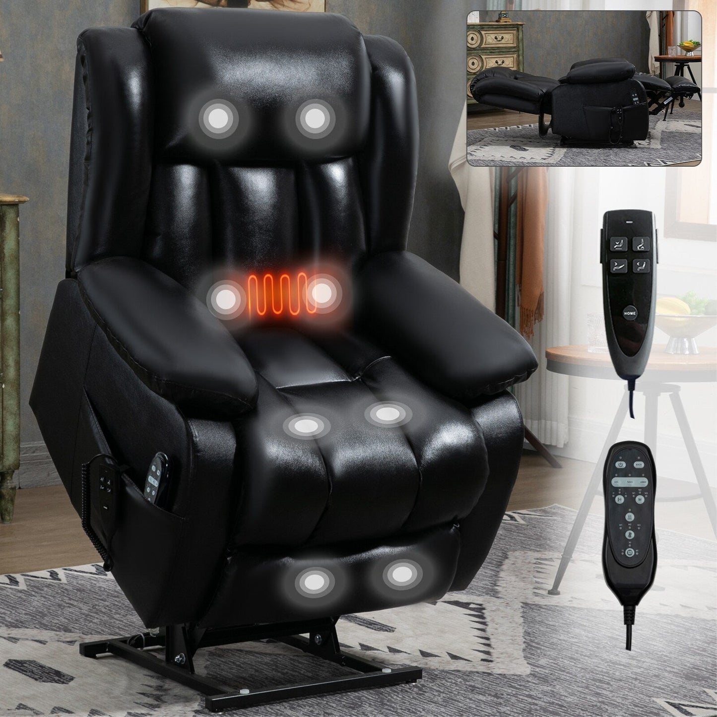 Brown Leather Power Lift Recliner with Massage, Lumbar Heat, and Dual Motors