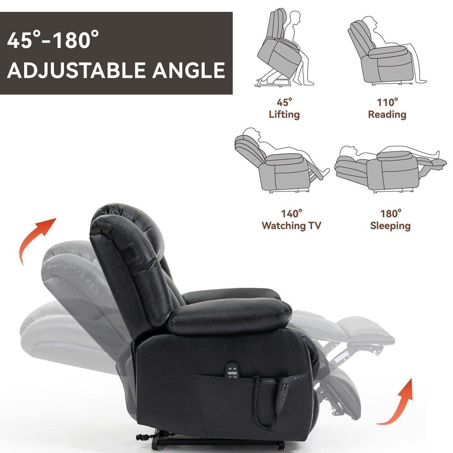 Brown Leather Power Lift Recliner with Massage, Lumbar Heat, and Dual Motors