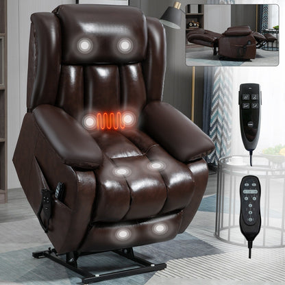 Brown Leather Power Lift Recliner with Massage, Lumbar Heat, and Dual Motors