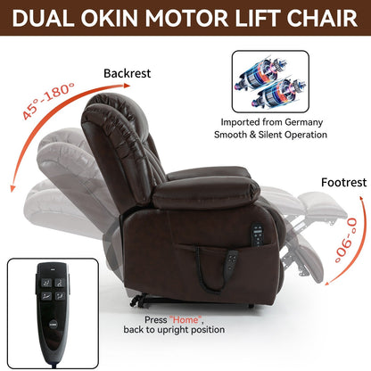 Brown Leather Power Lift Recliner with Massage, Lumbar Heat, and Dual Motors