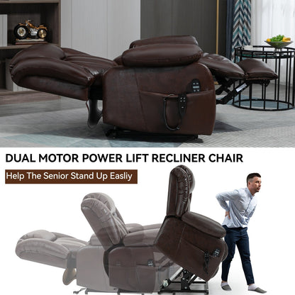 Brown Leather Power Lift Recliner with Massage, Lumbar Heat, and Dual Motors