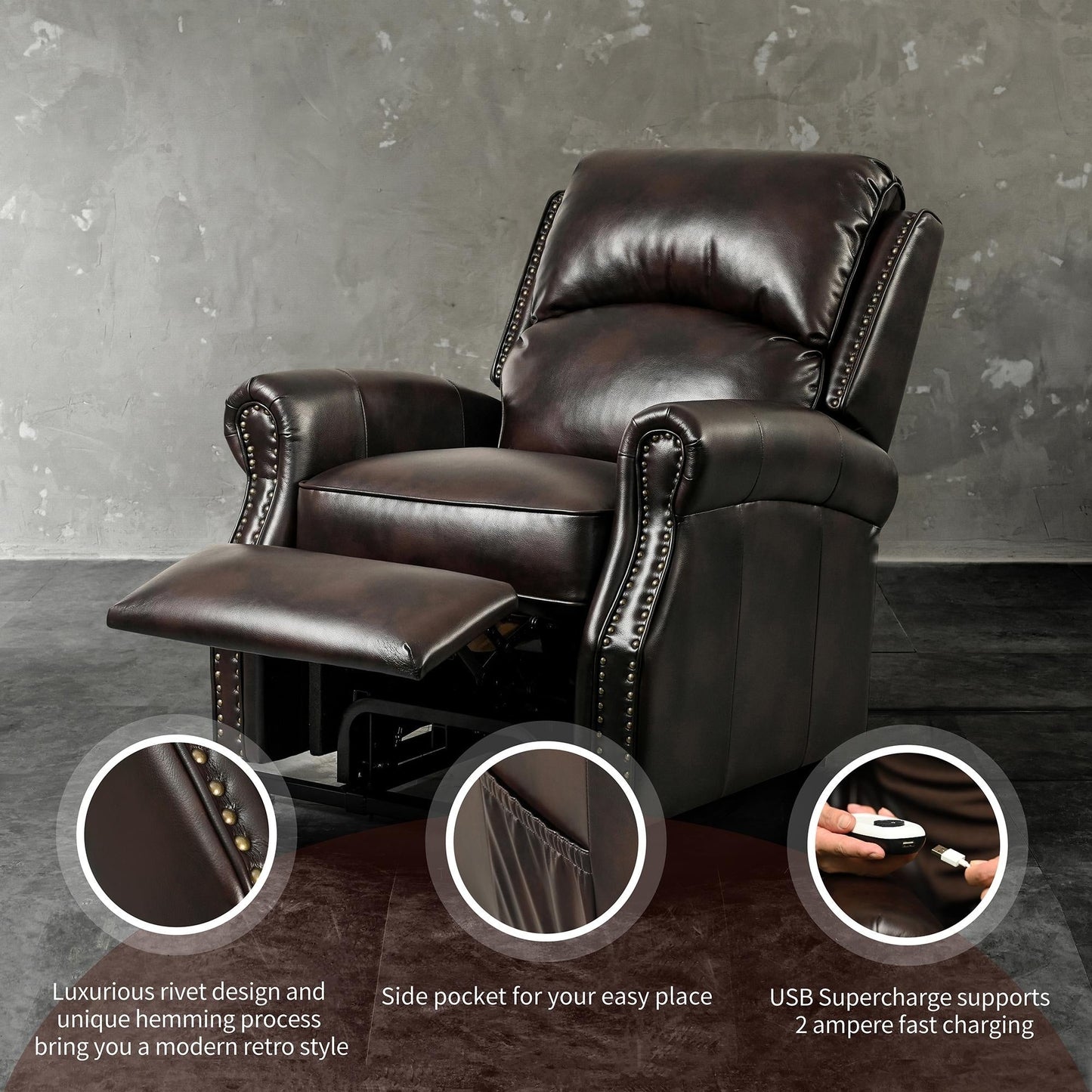 Brown Lift Chairs Comfortable Bonded Leather Recliners Electric Power Recliner Sofa with USB Port for Livingroom