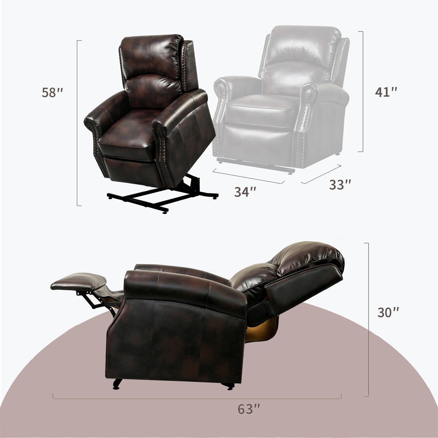Brown Lift Chairs Comfortable Bonded Leather Recliners Electric Power Recliner Sofa with USB Port for Livingroom