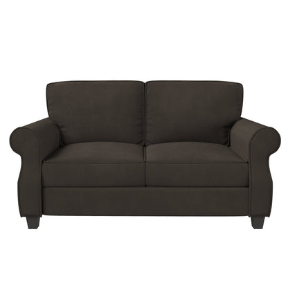 Brown Loveseat Round Arms Sofa with Solid Wood Frame