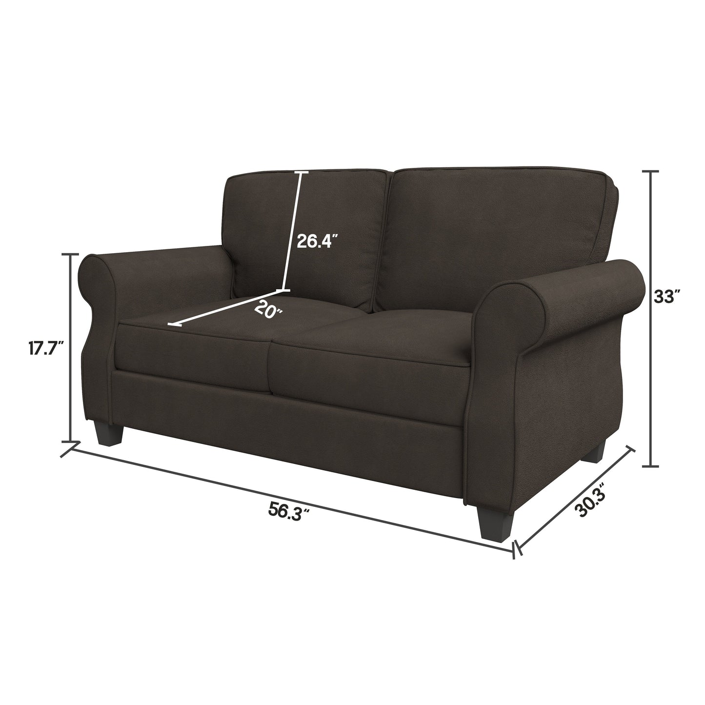 Brown Loveseat Round Arms Sofa with Solid Wood Frame