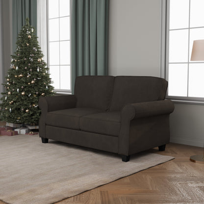 Brown Loveseat Round Arms Sofa with Solid Wood Frame