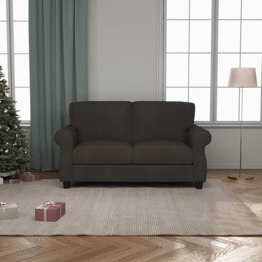 Brown Loveseat Round Arms Sofa with Solid Wood Frame