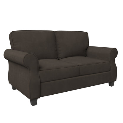 Brown Loveseat Round Arms Sofa with Solid Wood Frame