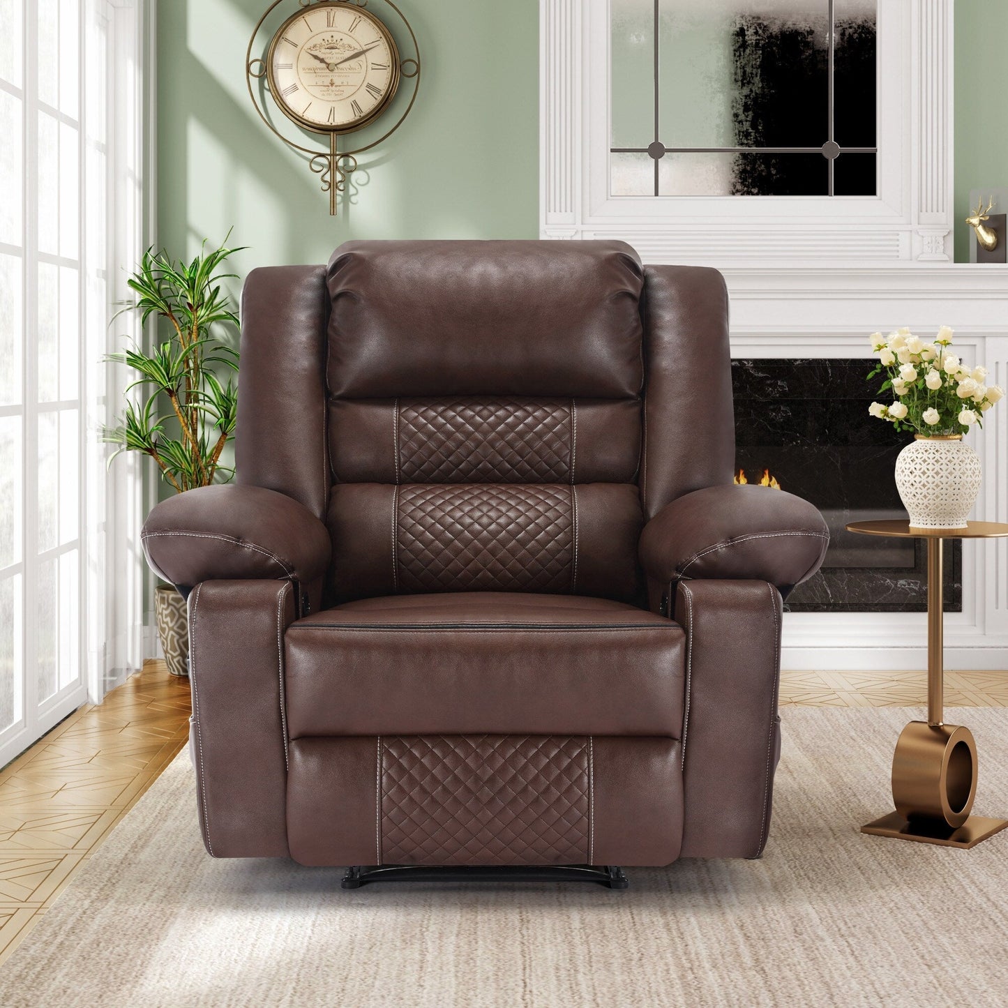 Brown Manual Leather Massage Recliner with 8-Point Vibration, Lumbar Heating, and Multiple Reclining Options