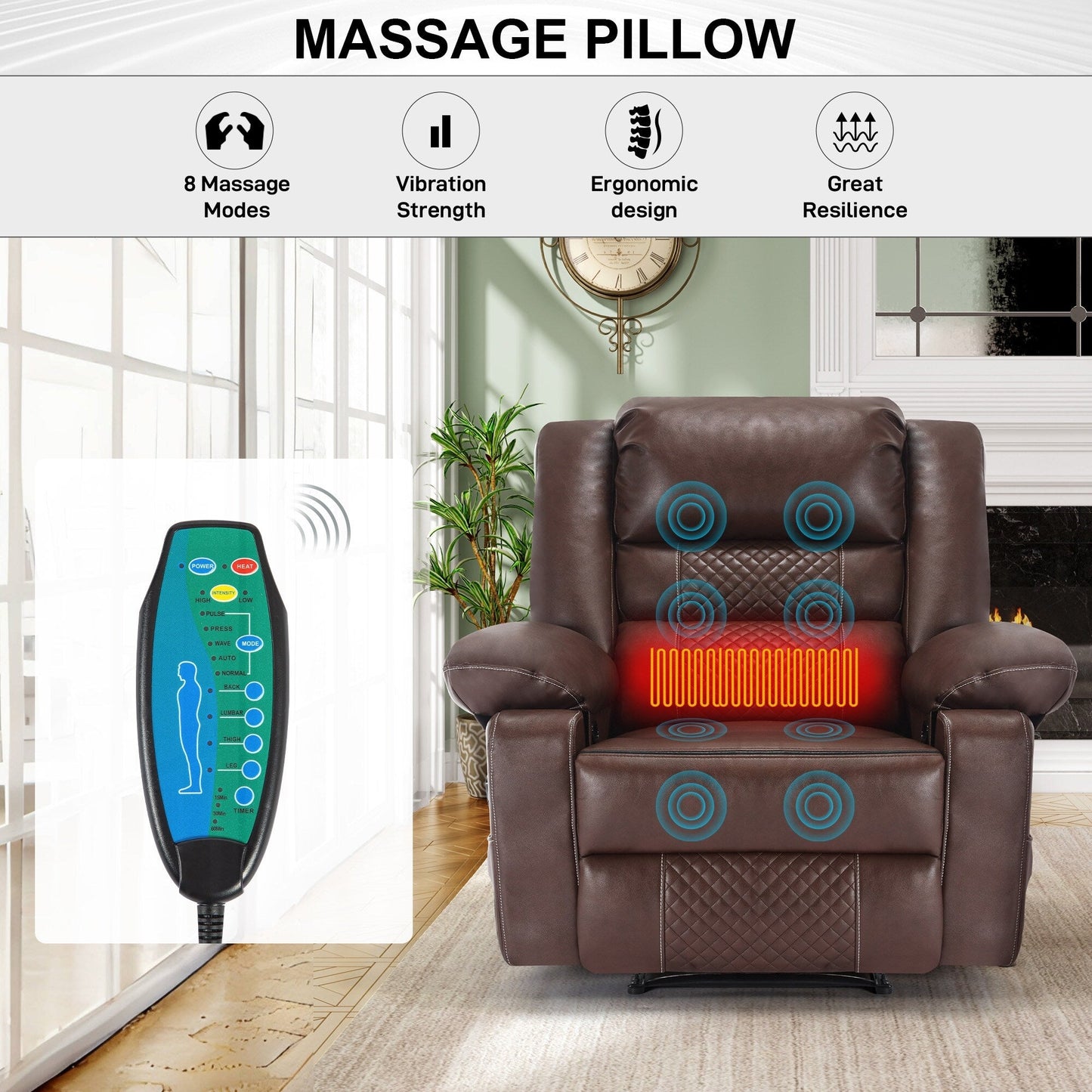 Brown Manual Leather Massage Recliner with 8-Point Vibration, Lumbar Heating, and Multiple Reclining Options