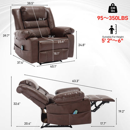 Brown Manual Leather Massage Recliner with 8-Point Vibration, Lumbar Heating, and Multiple Reclining Positions