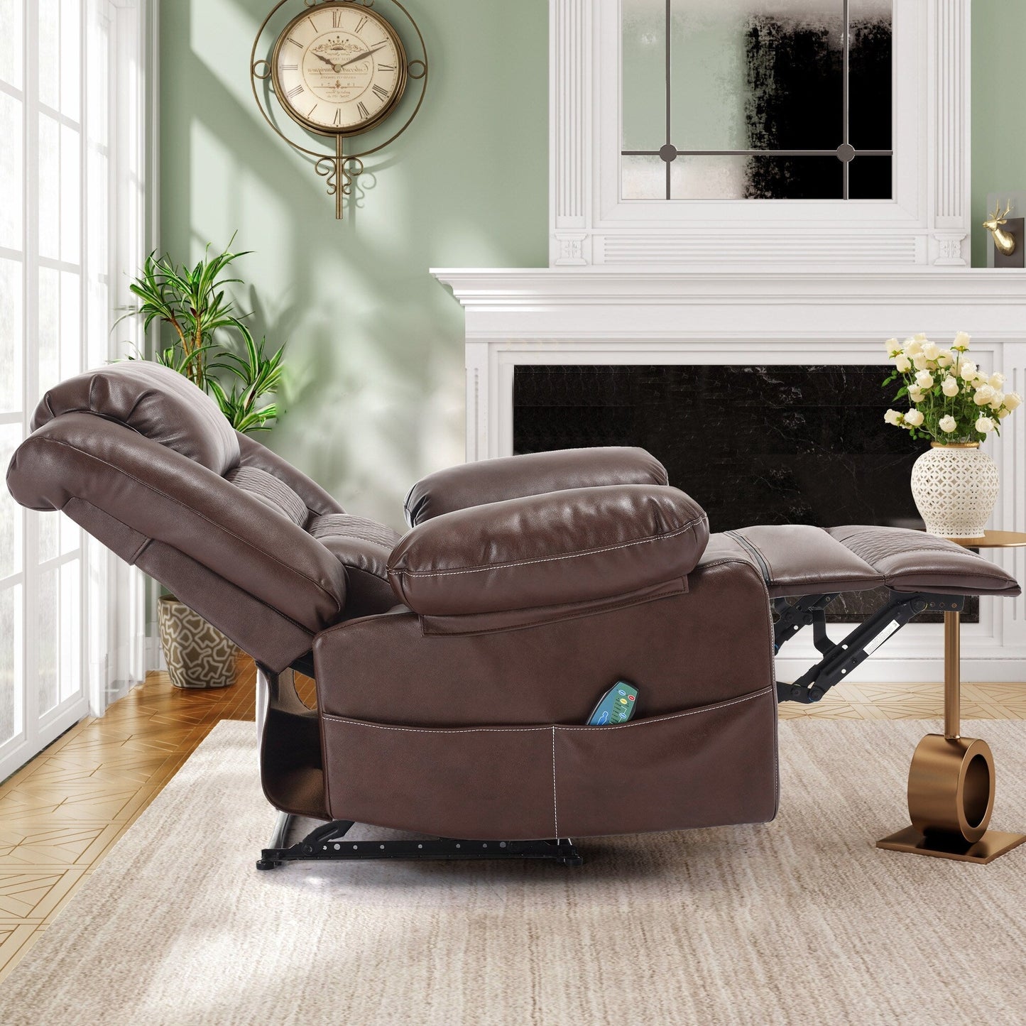 Brown Manual Leather Massage Recliner with 8-Point Vibration, Lumbar Heating, and Multiple Reclining Positions