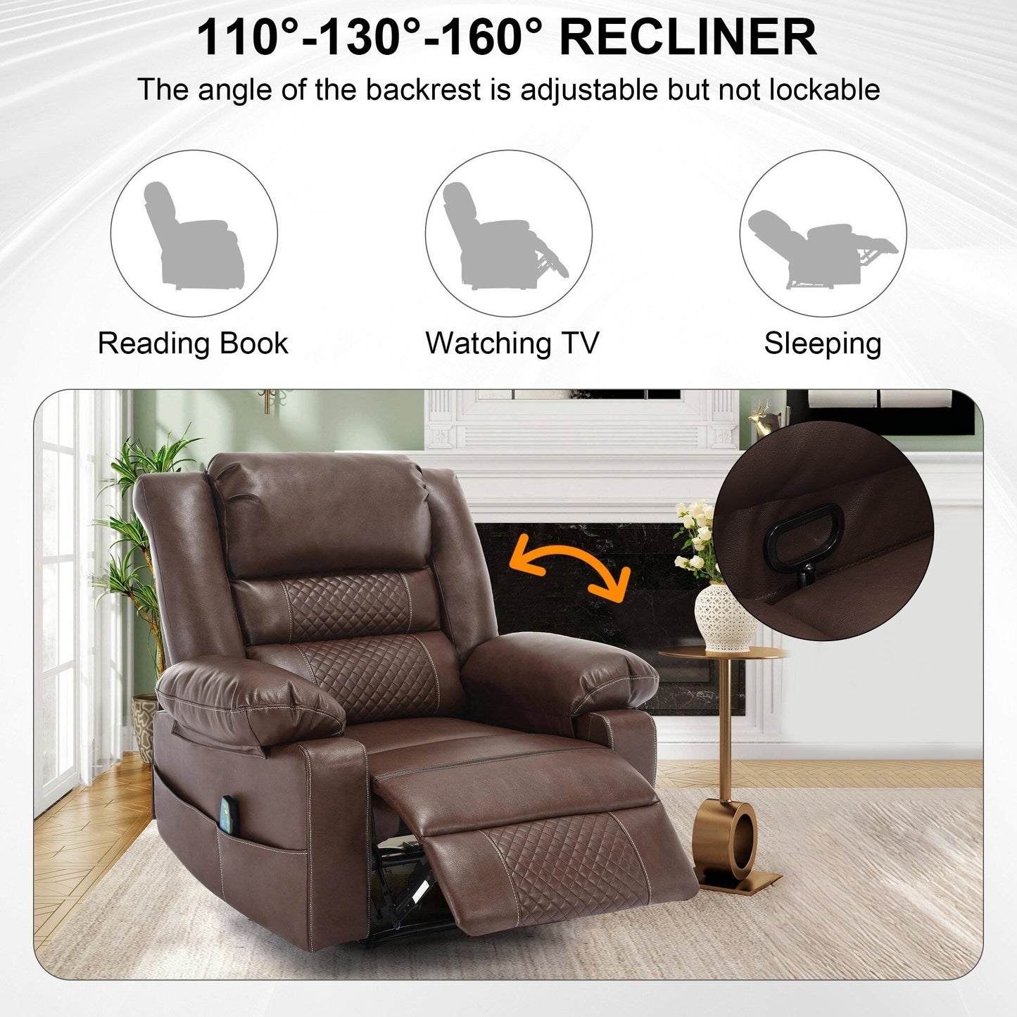 Brown Manual Leather Massage Recliner with 8-Point Vibration, Lumbar Heating, and Multiple Reclining Positions