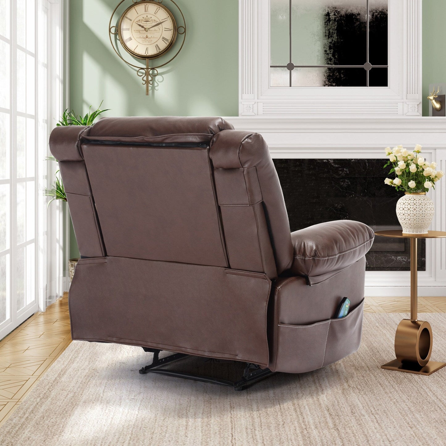 Brown Manual Leather Massage Recliner with 8-Point Vibration, Lumbar Heating, and Various Reclining Positions