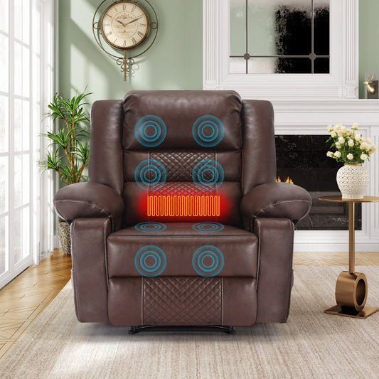 Brown Manual Leather Recliner with Massage, Heat, and Multi-Reclining Options