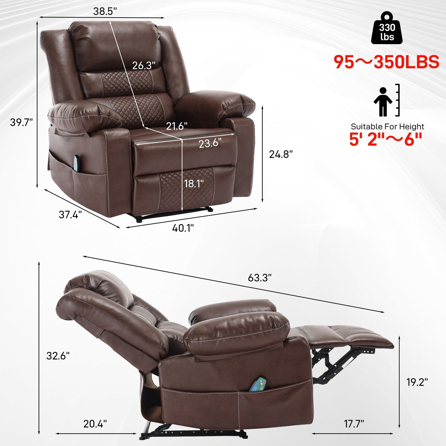 Brown Manual Leather Recliner with Massage, Heat, and Multi-Reclining Options