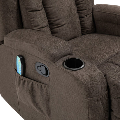 Brown Massage Recliner with Heating, 5 Massage Modes, Cup Holders, Remote Control, and Manual Recline Feature