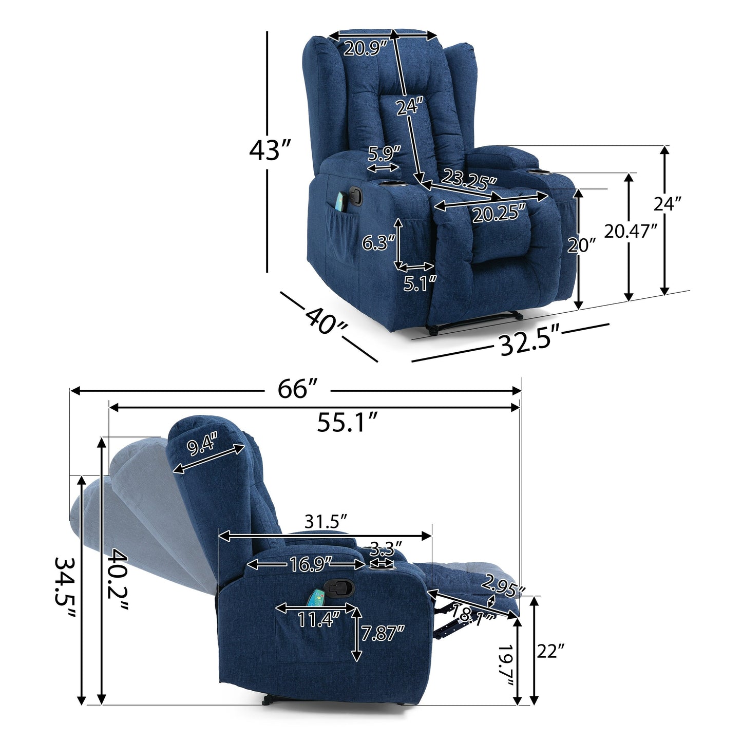 Brown Massage Recliner with Heating, 5 Massage Modes, Cup Holders, Remote Control, and Manual Recline Feature