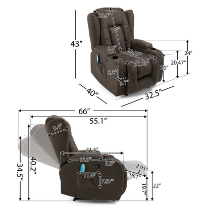 Brown Massage Recliner with Heating, 5 Massage Modes, Cup Holders, Remote Control, and Manual Recline Feature