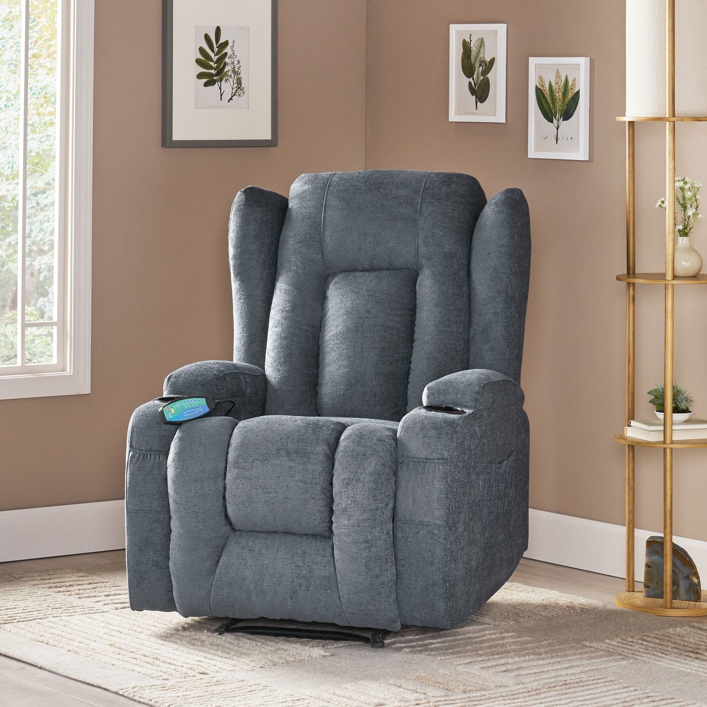 Brown Massage Recliner with Heating, 5 Modes, Cup Holders, Remote Control, and Manual Recline Function
