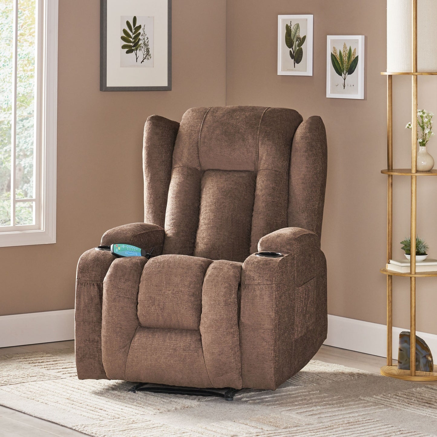 Brown Massage Recliner with Heating, 5 Modes, Cup Holders, Remote Control, and Manual Recline Function