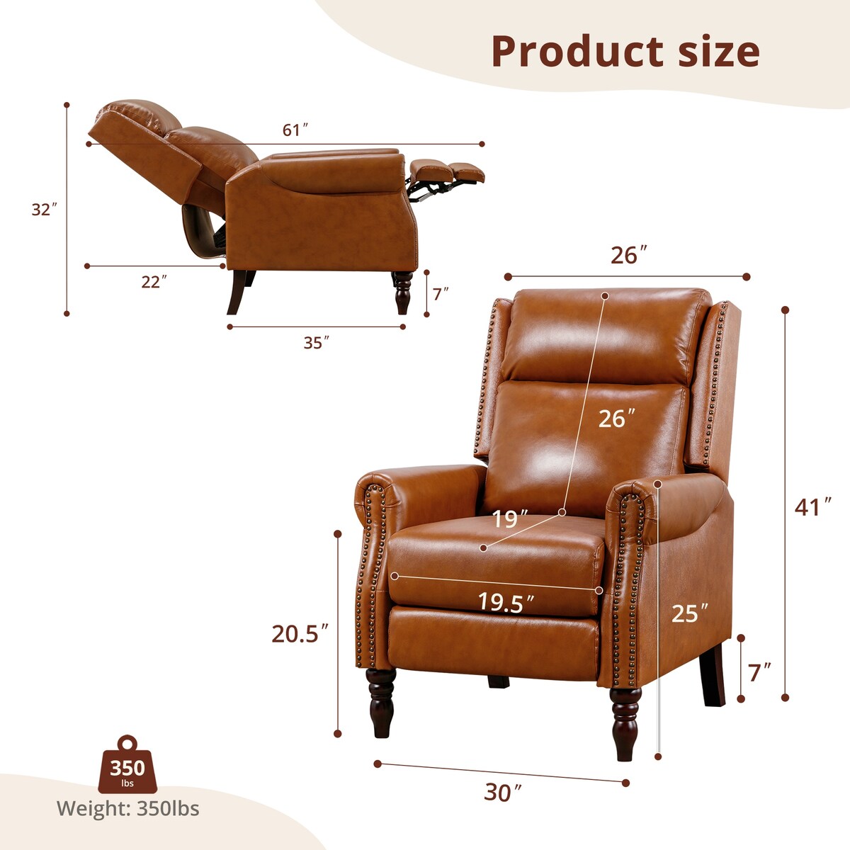 Mid-century Genuine Leather Recliner Adjustable Push Back Comfortable Set of 2 Arm Chairs for Living Room
