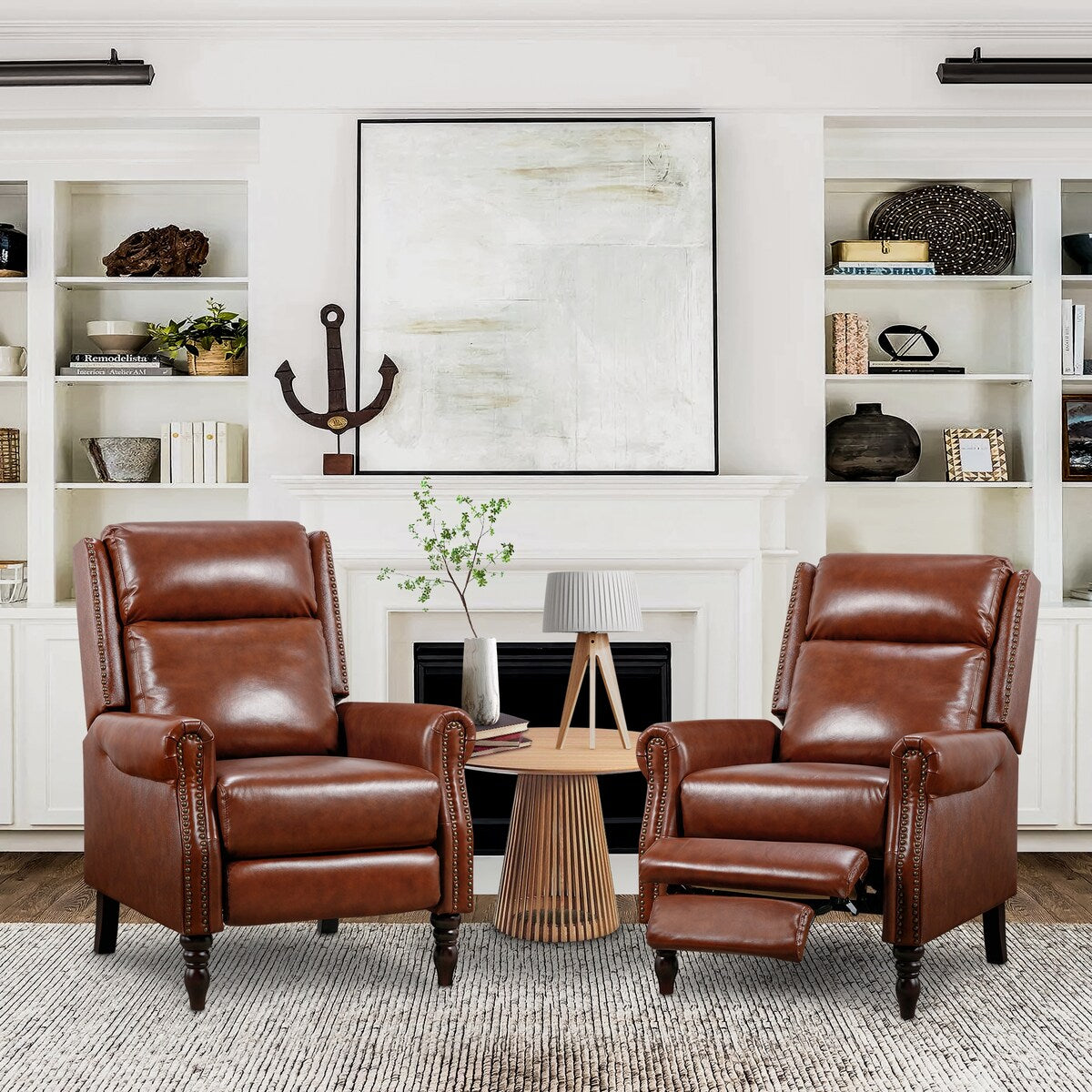 Mid-century Genuine Leather Recliner Adjustable Push Back Comfortable Set of 2 Arm Chairs for Living Room