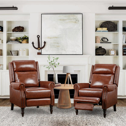 Mid-century Genuine Leather Recliner Adjustable Push Back Comfortable Set of 2 Arm Chairs for Living Room