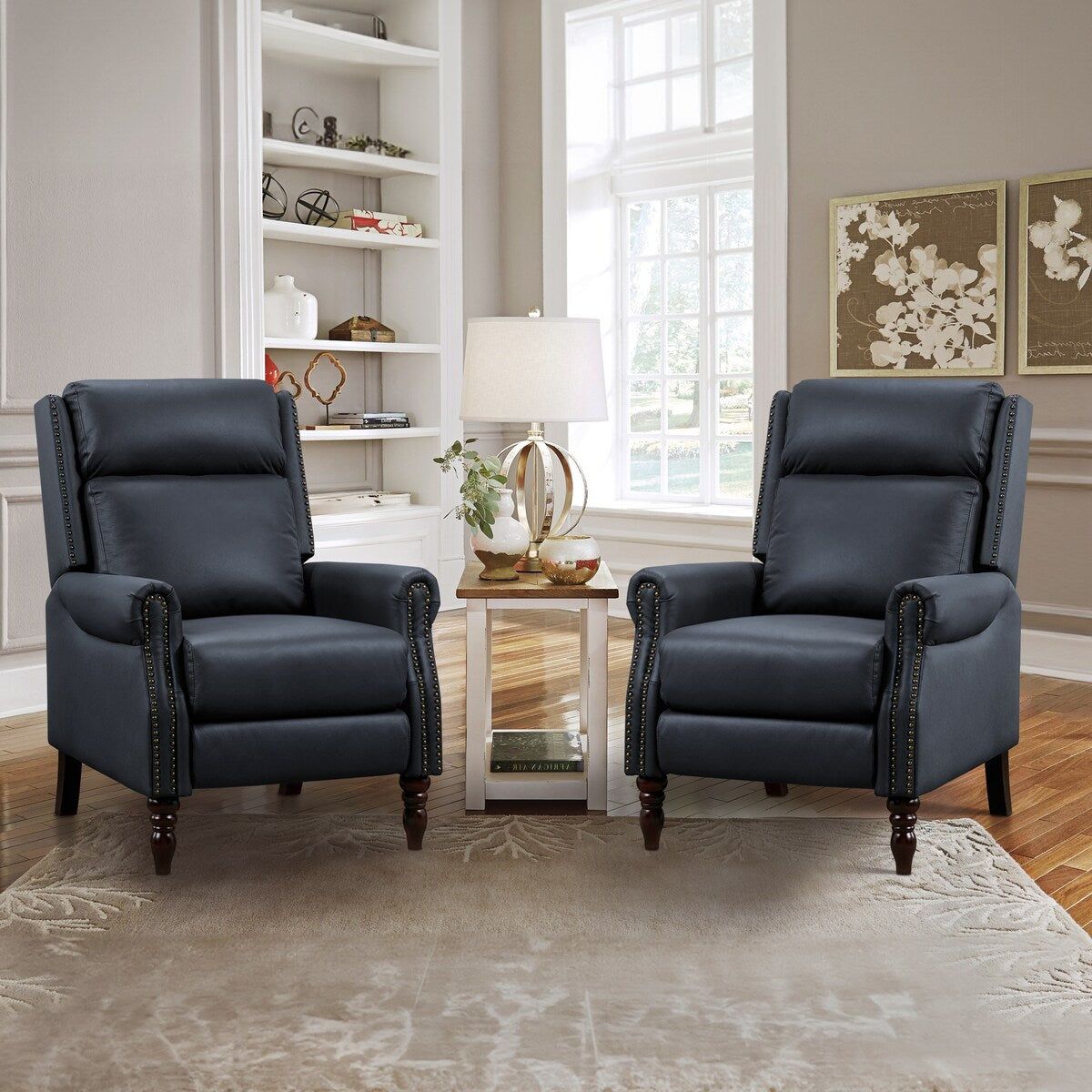 Mid-century Genuine Leather Recliner Push Back Adjustable Recliner Chairs with Comfortable Arms Set of 2