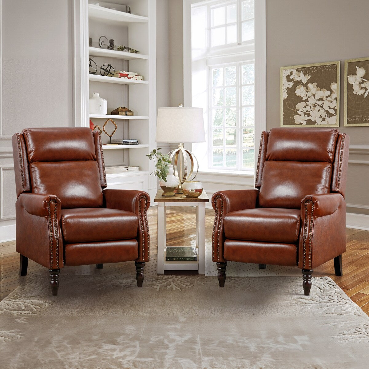 Mid-century Genuine Leather Recliner Push Back Adjustable Recliner Chairs with Comfortable Arms Set of 2