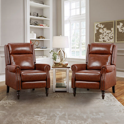 Mid-century Genuine Leather Recliner Push Back Adjustable Recliner Chairs with Comfortable Arms Set of 2