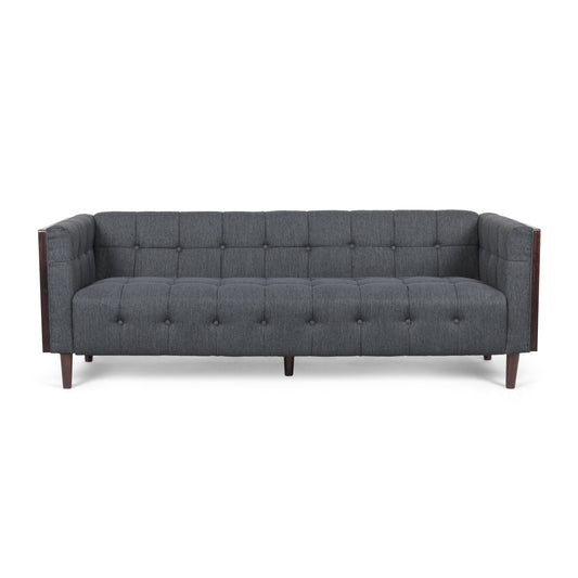 Charcoal 31.5 Button Tufted 3-seater Sofa with Wood Legs and Rubberwood Frame for Living Room