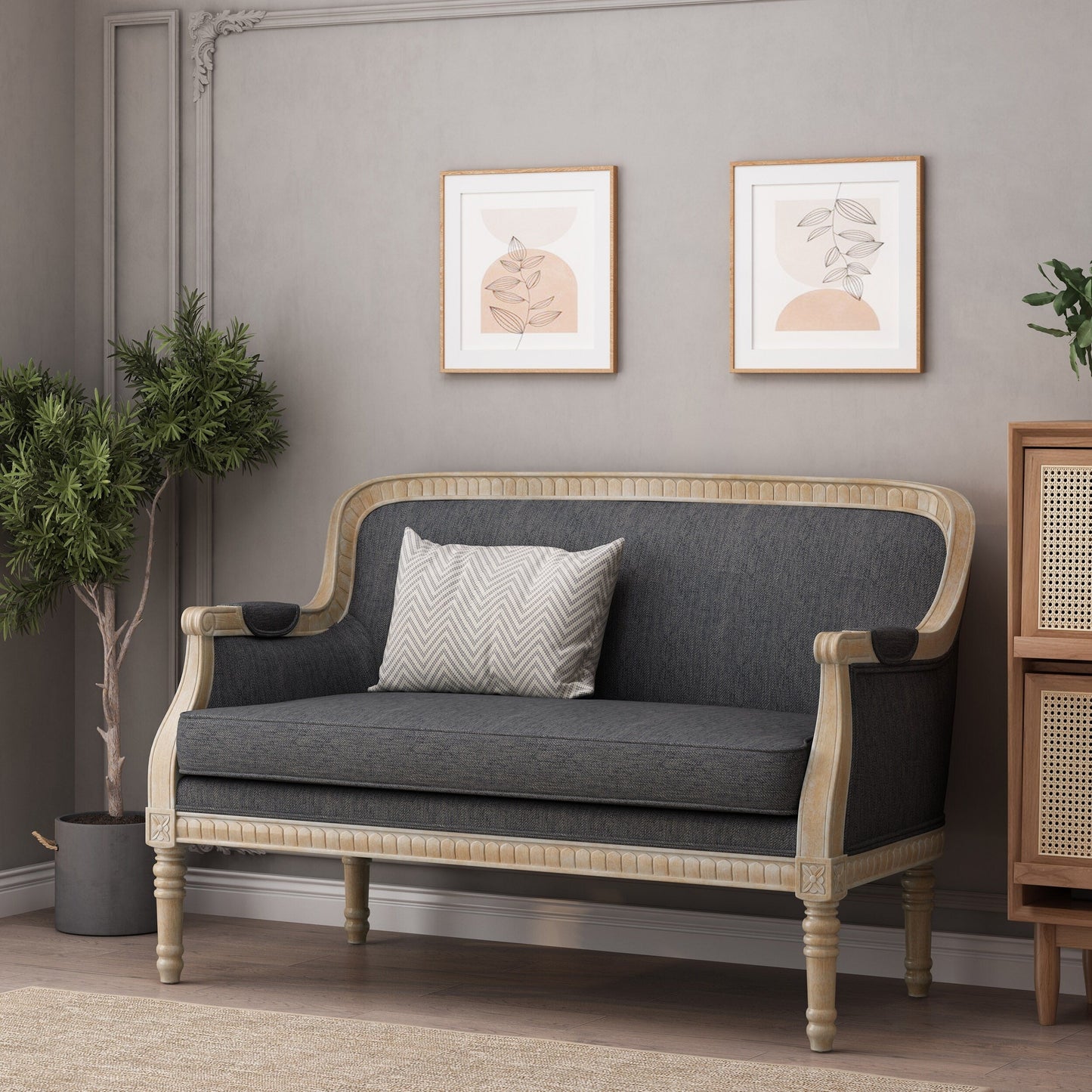 Charcoal 49.75 Wood Loveseat Sofa with Rubbey Wood Frame and Wood Legs for Living Room