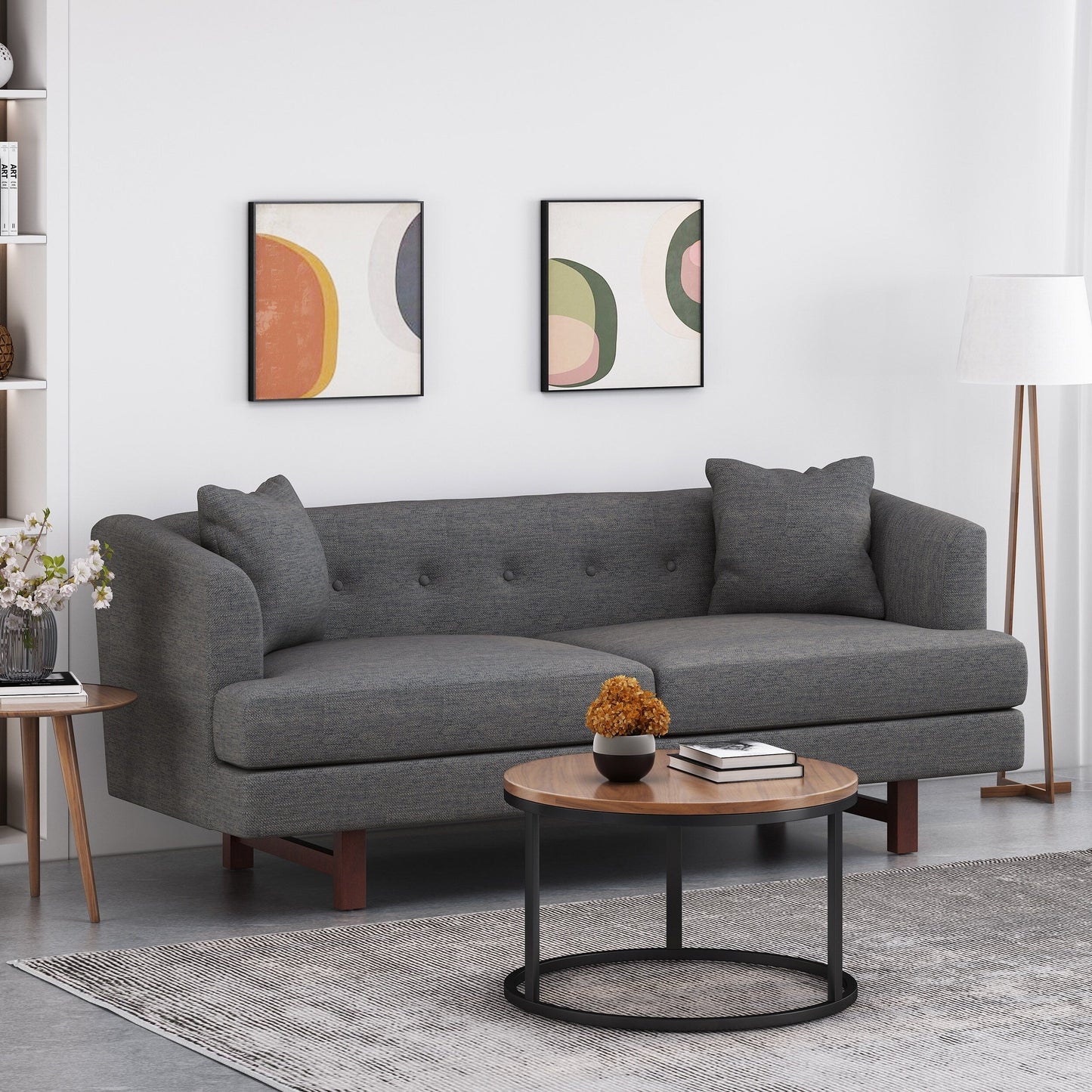 Charcoal 73.5 3-seater Button Tufted Sofa with Wood Legs and Pillows for Living Room