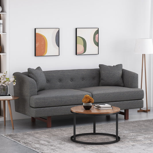 Charcoal Button Tufted 3-seater Sofa with Wood Legs and Pillows