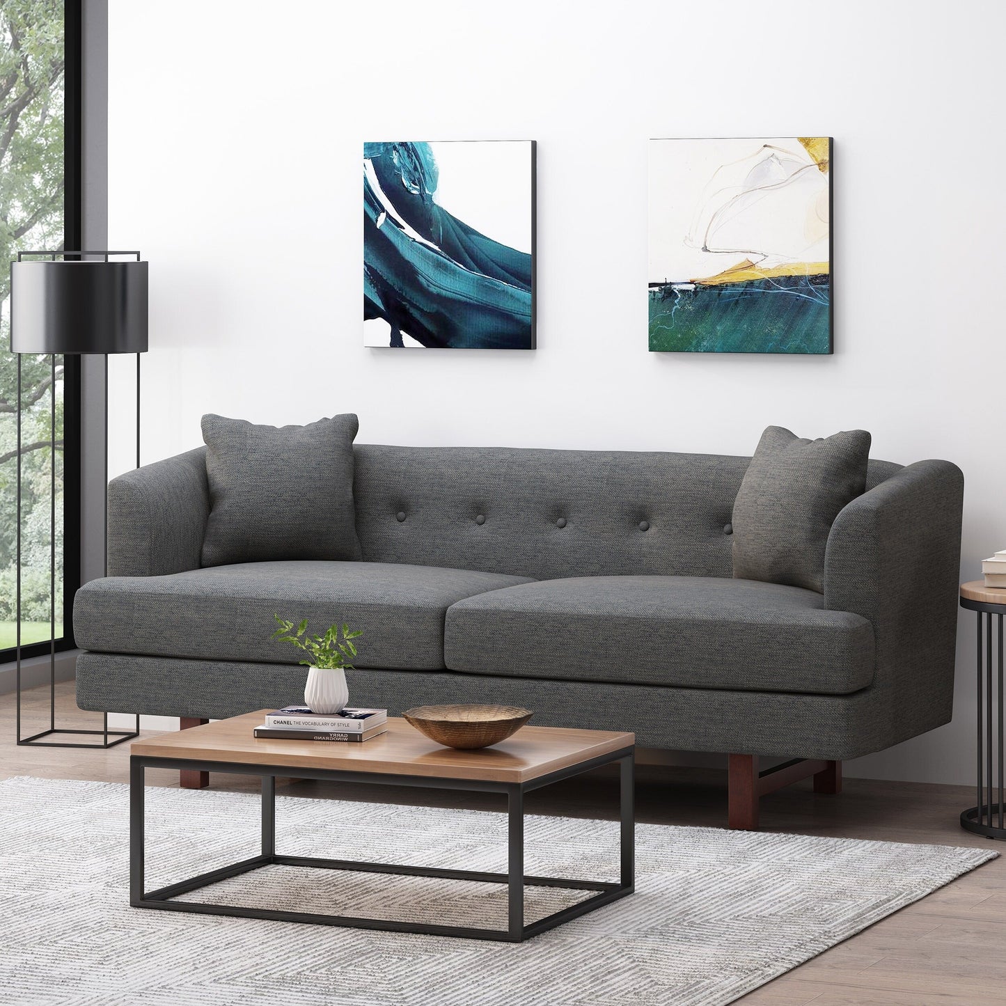 Charcoal Button Tufted 3-seater Sofa with Wood Legs and Pillows
