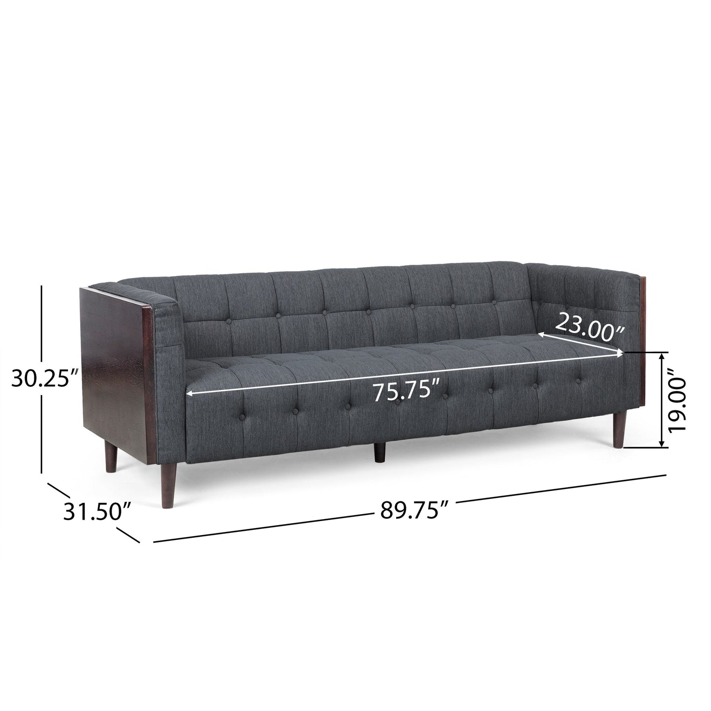 Charcoal Button Tufted 3-seater Sofa with Wood Legs